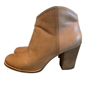 Fossil Tan Leather Ankle Boots Wooden Block Heel Side Zipper Closure 7.5 Boho